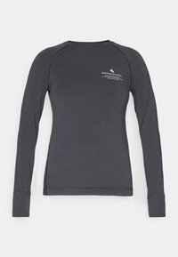 Pitkähihaisen, pyöreäkauluksisen paidan tumma harmaa kangas. Sisältää hienovaraisen logopainatuksen sekä kontrastiset punaiset yksityiskohdat hihoissa. Sileä rakenne, räätälöity istuvuus.