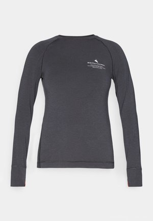 Dlhý rukáv, top s okrúhlym výstrihom v tmavošedej farbe. Obsahuje nenápadný potlač loga a kontrastné červené akcenty na manžetách. Hladká textúra, prispôsobený strih.