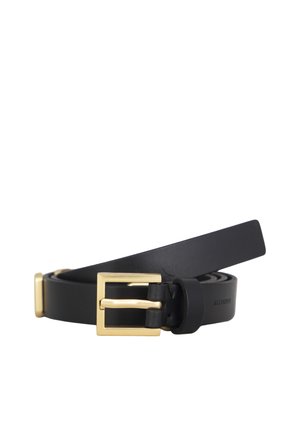 Black leather belt with a rectangular gold metal buckle, coiled loosely on a white background.