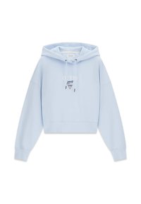 Sweat à capuche court bleu clair en tissu doux. Caractérisé par une capuche avec cordon, des manches longues et un logo brodé à l'avant.