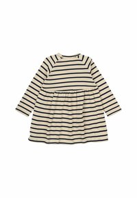 Kreminės spalvos ilgomis rankovėmis su tamsiai mėlynomis horizontaliomis juostelėmis, turinti susirinkusią juosmenį ir apvalią iškirptę. Minkšta džersio medžiaga.