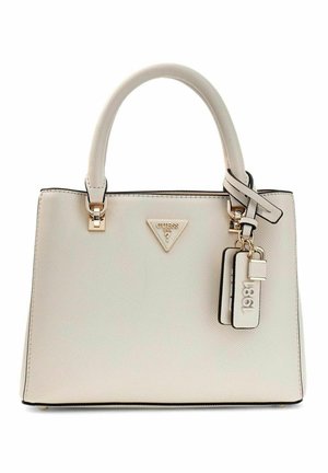 Sac à main structuré beige en matériau synthétique texturé, avec ferrures dorées, logo triangulaire et porte-clés détachable. Dispose de deux poignées.