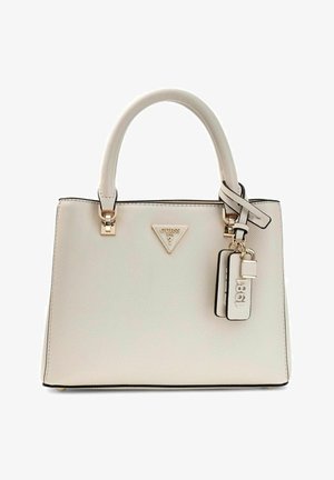 Sac à main structuré beige en matériau synthétique texturé, avec ferrures dorées, logo triangulaire et porte-clés détachable. Dispose de deux poignées.