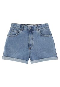 Short en denim bleu avec revers roulés, bouton devant, fermeture éclair et cinq poches dont une petite poche à monnaie.