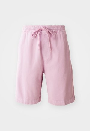 Light pink shorts made of cotton, featuring an elastic waistband with a drawstring, and straight cut legs with stitched hem details.