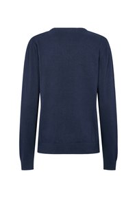 Marineblauwe gebreide trui, ronde hals, lange mouwen, geribbelde manchetten en zoom, gladde textuur, klassieke pasvorm, geen zichtbare patronen of accenten.