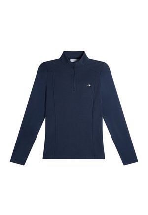 Marineblauw langärmelig shirt met een kwartritssluiting, opstaande kraag en een klein wit logo op de linkerborst.