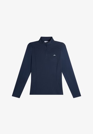 Marineblauw langärmelig shirt met een kwartritssluiting, opstaande kraag en een klein wit logo op de linkerborst.