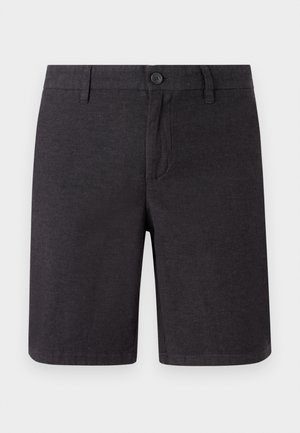 Dark gray shorts made of woven fabric, featuring a button closure, belt loops, and a straight leg design, with clean hems and side pockets.