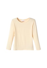 T-shirt a maniche lunghe di colore crema realizzato in un tessuto morbido, con scollatura rotonda e orlo dritto semplice, privo di fantasie o dettagli.
