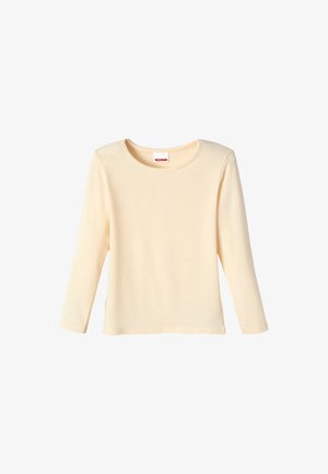 Crème kleurige longsleeve t-shirt gemaakt van zachte stof met een ronde halslijn en een eenvoudige, rechte zoom, zonder patronen of accenten.
