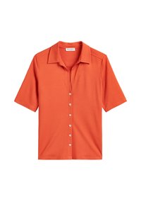 Korte mouwen shirt in heldere oranje stof met een kraag, knoopsluiting aan de voorkant, gladde textuur en subtiele schoudernaden.