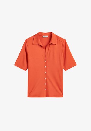 Kurzarmhemd aus leuchtend orangefarbigem Stoff mit Kragen, durchgehender Knopfleiste, glatter Textur und dezenten Schulternähten.