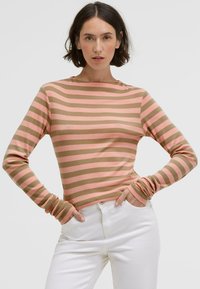 Long-sleeve striped top featuring pink and olive green colors, round neckline, soft fabric, fitted design, and wrist-length sleeves.