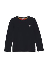 Černé tričko s dlouhým rukávem a kulatým výstřihem, na levé straně hrudi má malé výšivky zvířete v několika barvách a pruhovaný vnitřní límec.