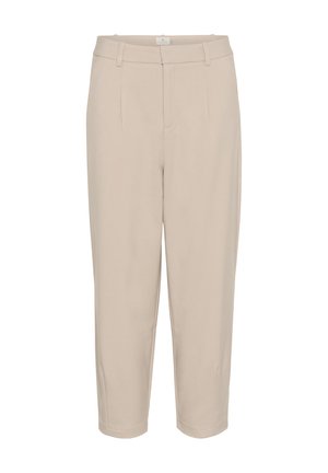 Pantaloni cropped beige con una texture liscia, pieghe frontali, due tasche laterali e una vita. Design a gamba dritta con finitura sartoriale.