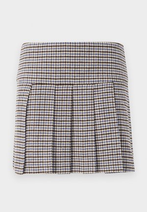 Plissé skjørt med et mønster i brunt, beige og blått rutenett. Laget av et teksturert stoff med en tettsittende midjebånd og dekorative folder.