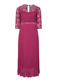 Pitkä magentanvärinen mekko, jossa on pitsibodice puolen hihankin, vyötärökaistale ja laskostettu hame, joka luo kevyen siluetin. Avauspainike selässä.