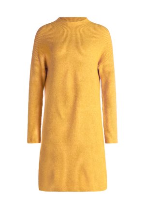 Długo rękawowy sweter w kolorze musztardowym z prążkowanego dzianiny, z okrągłym dekoltem, o prostym kroju i długości do połowy uda.