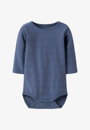 Marineblauw babyrompertje met lange mouwen, drukknopen bij het kruis en een subtiele horizontale streeptekening.