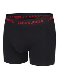 Bóxer negro de algodón, con una amplia cinturilla elástica roja que lleva el texto "JACK & JONES" en negro. Textura suave, diseño ajustado.