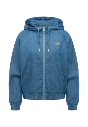 Blauwe denim jas met capuchon, voorrits, trekkoord aan de capuchon, elastische manchetten, zakken en een klein kleurrijk geborduurd logo op de borst.