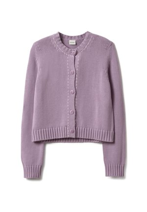 Lila cropped vest gemaakt van gebreide stof, met een ronde hals, geribbelde manchetten en knopen aan de voorkant met contrasterende stikdetails.