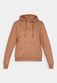 Brun bomullshoodie med kengurulomme, justerbar snorhette og ribbede mansjetter. Har en subtil logo på forsiden.