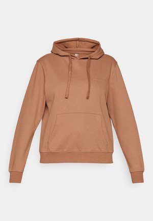 Felpa in cotone marrone con tasca a canguro, cappuccio regolabile con cordino e polsini a coste. Presenta un logo discreto sul davanti.