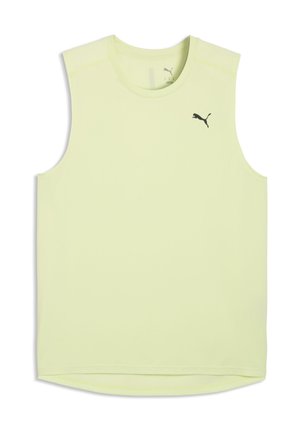 T-shirt de sport sans manches jaune clair Puma avec col rond et logo Puma noir sur la poitrine, posé à plat sur fond blanc.