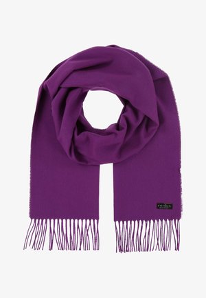 Écharpe en laine violette avec une texture douce, dotée d'un bord frangé et d'une petite étiquette noire. Enroulée pour mettre en valeur sa forme et son design.