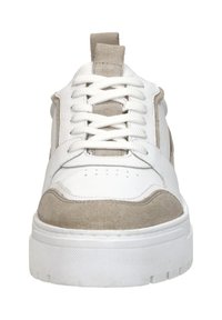 White sneaker with beige suede accents, round toe, padded tongue, and flat laces. Thick white rubber sole with textured surface.