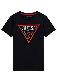 Černé bavlněné tričko s červeným a bílým trojúhelníkovým logem s texty "GUESS U.S.A." a "WASHED JEANS". Klasický design s kulatým výstřihem.