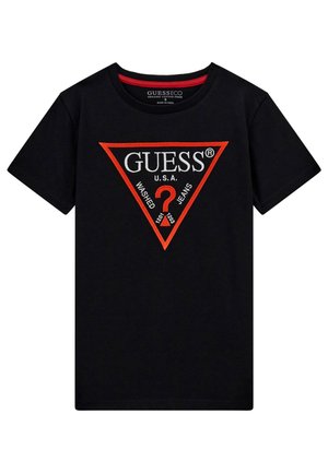 Svart bomull T-shirt med en röd och vit triangel-logotyp med texten "GUESS U.S.A." och "WASHED JEANS". Klassisk design med rund hals.