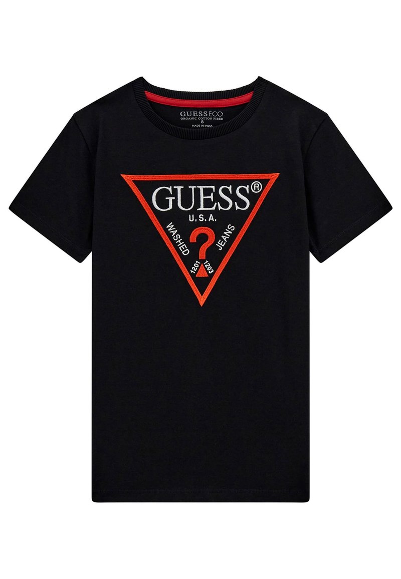 Černé bavlněné tričko s červeným a bílým trojúhelníkovým logem s texty "GUESS U.S.A." a "WASHED JEANS". Klasický design s kulatým výstřihem.