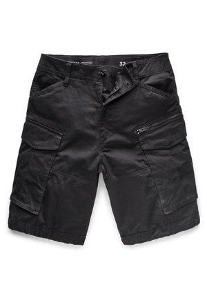 Black cargo shorts made of cotton blend, featuring multiple pockets, a zippered pocket, and a drawstring waist. Short length with cuffed hem.