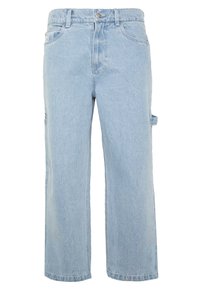 Pantaloni cargo in denim azzurro chiaro con gambe larghe, tasche frontali e una tasca laterale, con chiusura a bottoni e passanti per cintura.