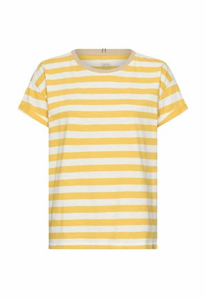 Yellow and white horizontal striped short-sleeve T-shirt with a round beige collar on a white background.