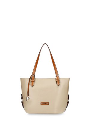 Beige leren tote tas met lichtbruine dubbele handgrepen, zilveren hardware en een klein merkplaatje aan de voorkant.