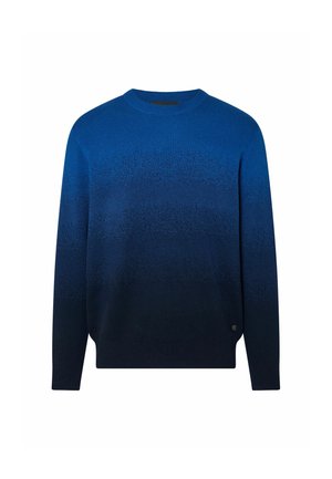 Jersey de punto de manga larga con cuello redondo, con una transición de color degradado de azul a azul marino oscuro.
