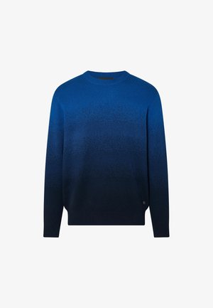 Jersey de punto de manga larga con cuello redondo, con una transición de color degradado de azul a azul marino oscuro.