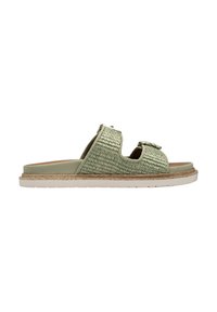 Green woven slide sandal with a padded strap, flat cork sole, and white rubber outsole. Features a subtle texture and open design.