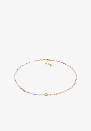 Helmed kaelakee pastellvärvide, kuldsete aktsentide ja keskel kuldsüdamikuga. Omab peent ketikinnitust reguleeritava pikkuse jaoks.