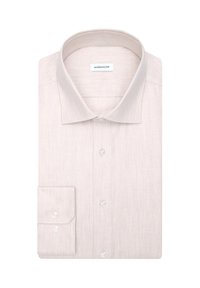 Camicia da uomo in tessuto a spina di pesce di un beige chiaro, con colletto all'americana, polsini singoli e bottoni bianchi; etichetta posizionata sotto il colletto.