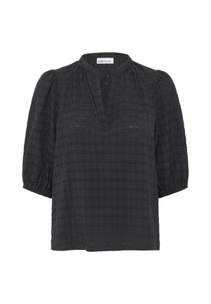 Blusa corta de manga corta en gris oscuro con escote en V, tejido texturizado, detalles fruncidos en los hombros y corte suelto. Patrón de cuadros sutil.