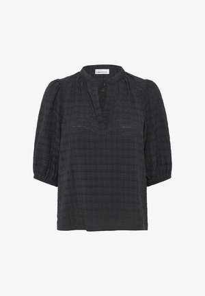 Sötét szürke, rövid ujjú blúz V-nyakkivágással, texturált anyagból, vállnál ráncolt részletekkel és laza szabással. Diszkrét kockás minta.