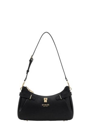 Borsa Guess nera con tracolla regolabile, dettagli in metallo color oro, chiusura frontale e logo "GUESS EST 1981" al centro frontale.