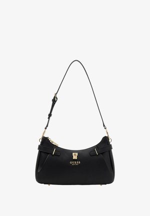 Borsa Guess nera con tracolla regolabile, dettagli in metallo color oro, chiusura frontale e logo "GUESS EST 1981" al centro frontale.