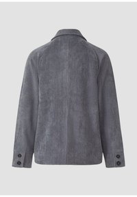 Chemise en velours côtelé gris à manches longues avec col et poignets boutonnés, vue de dos sur un fond uni gris clair.