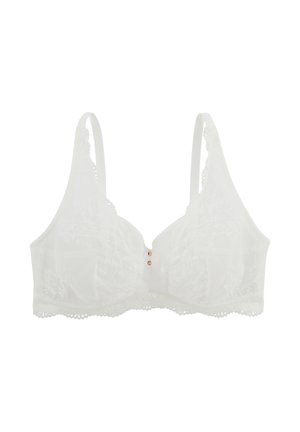 Soutien-gorge en dentelle blanche avec bretelles ajustables, broderie florale et petits boutons décoratifs en or rose au centre avant.
